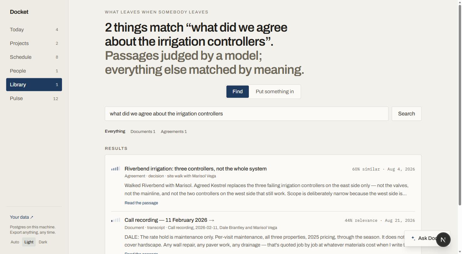 The Library screen after searching the phrase what did we agree about the irrigation controllers. Two results are returned: an agreement at 60 percent similar and a call recording transcript at 44 percent relevance, each with a five-tick strength ladder beside it and an excerpt of the matching passage.