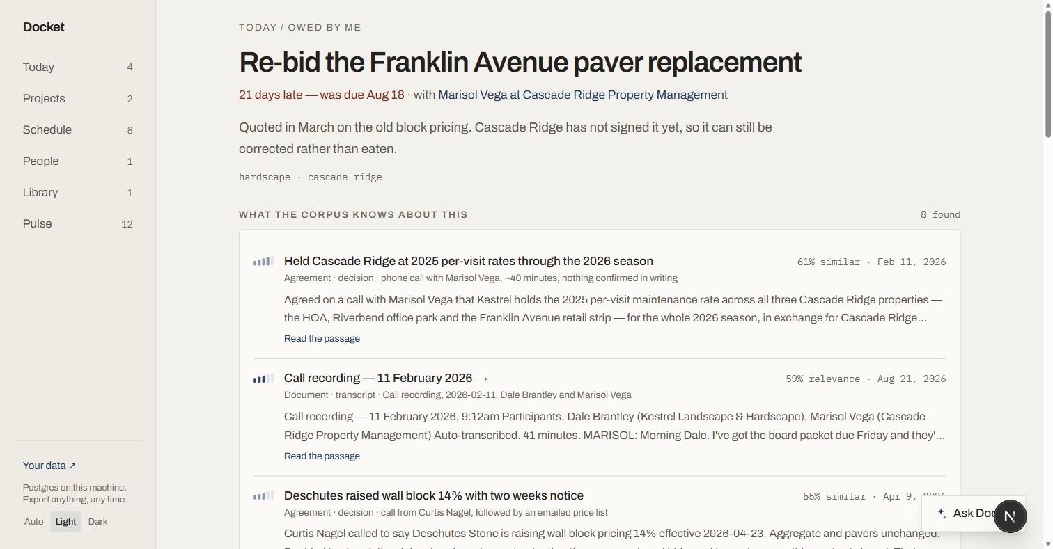 A single commitment, Re-bid the Franklin Avenue paver replacement, marked 21 days late and linked to a named contact. Below it a section headed What the corpus knows about this, 8 found, listing an agreement, a call transcript and a supplier price change, each with a strength ladder, a match percentage and an excerpt.